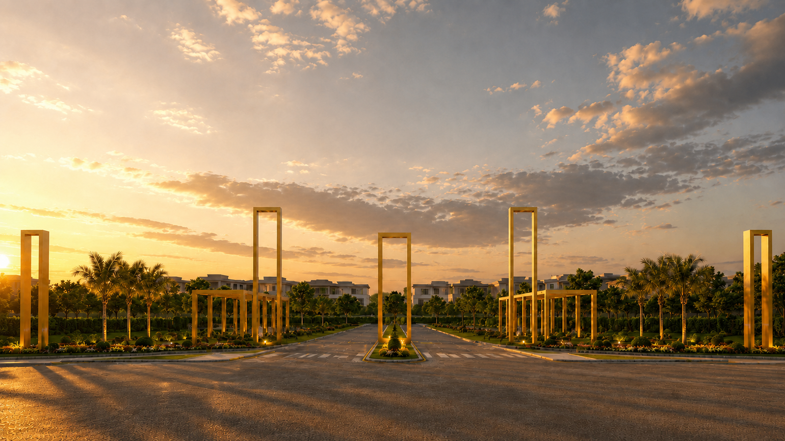 Golden-hour view of the Nova Enclave entrance and boulevard
